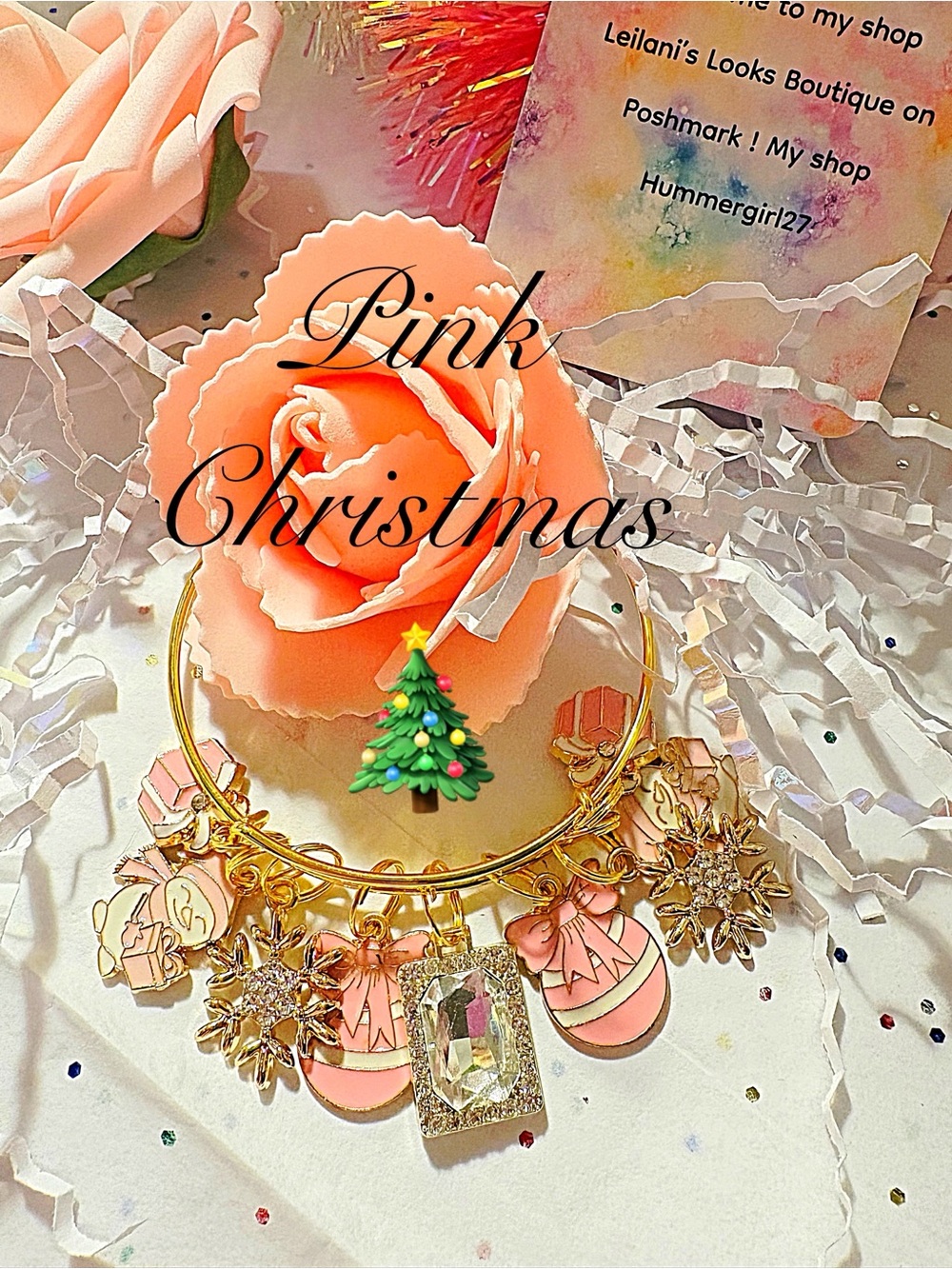 Gold Charm Bracelet with Pink Accents by/pink ornaments/snowflakes